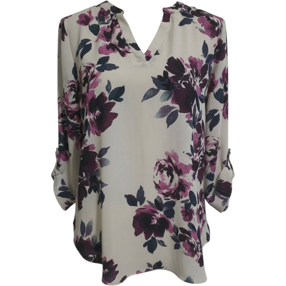 Maurices Womens Floral Split Neck Roll Tab Sleeve Blouse Purple Ivory Medium